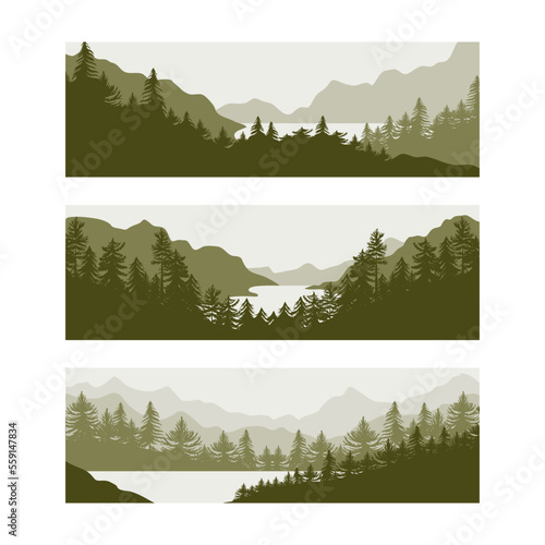 Mountains, pine tree forest landscape. Vintage nature panorama, outdoor lumber wood backdrop. Green Spruce and coniferous natural woodland. Camping and hiking vector background garish texture