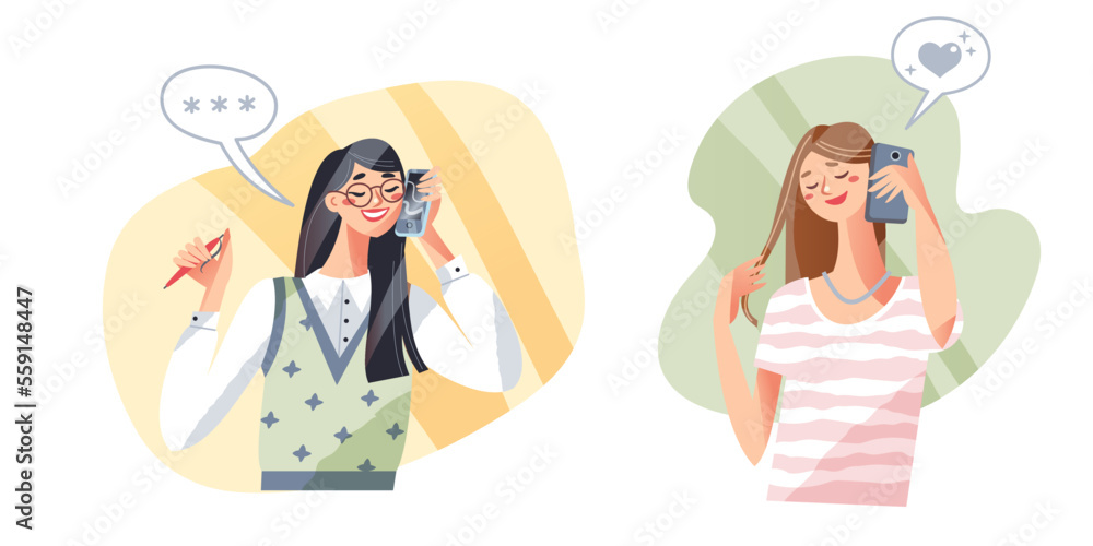 Cute girls talk smartphones set vector illustration. Cartoon isolated young female characters in office and home clothes holding mobile devices to chat with friend, family, husband or employee Cute girls talk smartphones set vector illustration. Cartoon isolated young female characters in office and home clothes holding mobile devices to chat with friend, family, husband or employee
