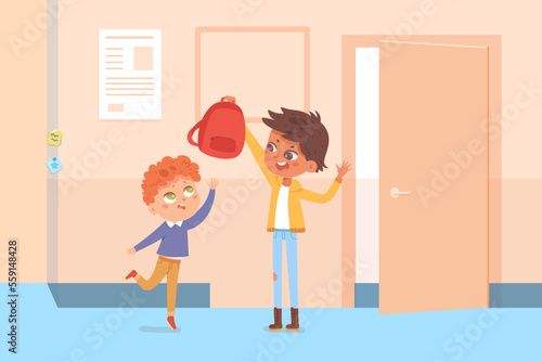 Naughty boy teasing little kid in school corridor, mischievous character holding backpack