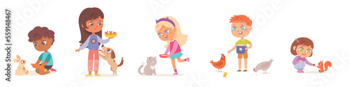 Cute kids care pets set, boys and girls feed and play with domestic animals
