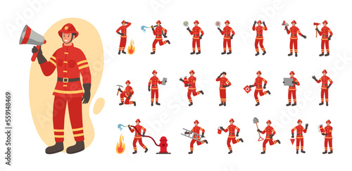 Firefighter set, fireman characters in different poses in hat and helmet. Male job with hose, people work in water, flame safety. Emergency service vector cartoon flat tidy illustration