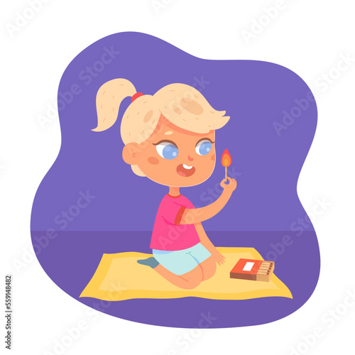 Kid playing with fire, baby girl sitting on floor and holding burning match stick