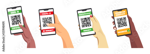 National pass. QR code. Covid-19 certificate. Phone in hand. Paper for business airplane. Global immunity passport. Identification barcode for vaccination check. Vector flat tidy cover