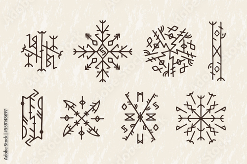 Viking runes, ancient norse symbols. Magic pagan, tarot tattoo, nordic runic signs, stone talisman. Round monochrome occult ornament. Celtic mythology vector illustration utter minimal design