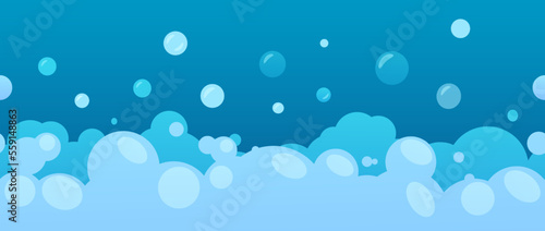 Bubble foam, shower soap pattern. Soda wash or bath shampoo, sea water, clean bathroom. Blue air fizzy balls. Laundry or detergent packaging. Wrapping paper. Vector seamless recent background