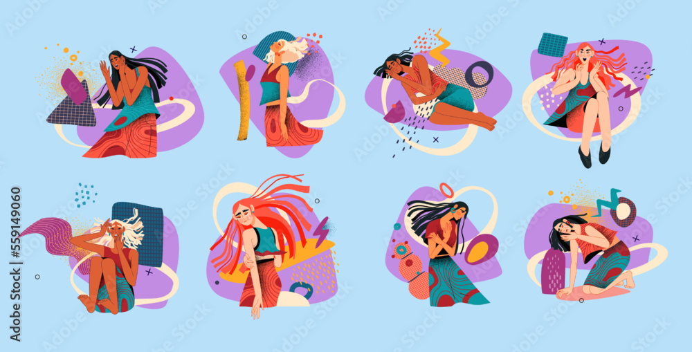 Negative mental health. Soul grief. Sad or sorrow mind. Stress and depression. Anxious person. Upset woman and abstract shapes. Psychological disorders. Vector illustration concepts set Negative mental health. Soul grief. Sad or sorrow mind. Stress and depression. Anxious person. Upset woman and abstract shapes. Psychological disorders. Vector illustration concepts set
