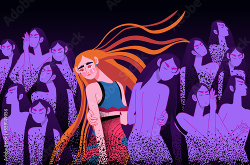 Woman panic attack. Bullying and loneliness. Indifference girl crisis. Psychological disorder. Anxious person. Blaming crowd. Social outcast. Depressed female. Vector cartoon illustration