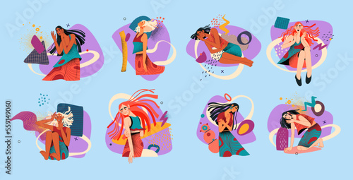 Negative mental health. Soul grief. Sad or sorrow mind. Stress and depression. Anxious person. Upset woman and abstract shapes. Psychological disorders. Vector illustration concepts set