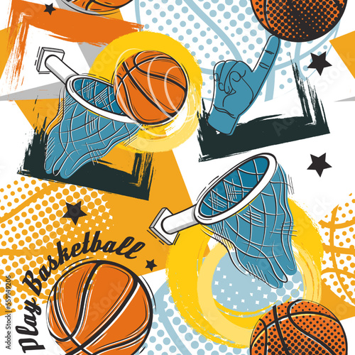 Hand drawing basketball graffiti pattern. Abstract fashion orange ball and basket, for sport t-shirt or wallpaper design. Decor textile, wrapping paper. Vector seamless current illustration