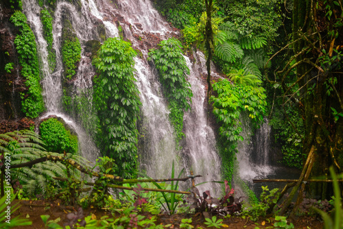 Waterfall in tropical climate in the jungle with green leaves and trees