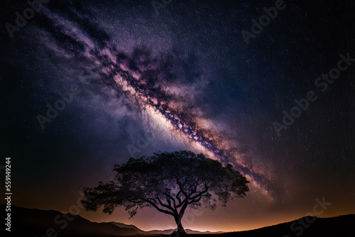 Long exposure shot with grain taken at khao kho phetchabun, Thailand, showing the milky way and a tree's silhouette. Generative AI