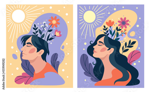 Positive mental health  happy balance mind. Woman thought  flowers in brain  man self care  healthy head relax. Optimistic thinking. Vector tidy illustration. Psychological therapy concept