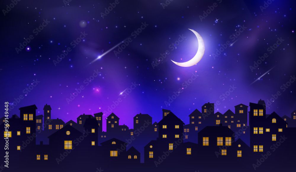 City night sky, moon and glowing stars, silhouettes houses. Town view