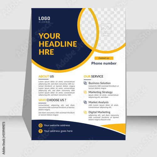 Modern flyer design for advertising promotion and growth company. abstract flat flyer design . Navy blue black and yellow color flyer. creative unique nice clean design. Half page A4 flyer free