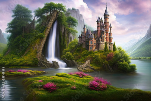 A medieval European-style castle nestled in a forest with large, ancient trees by a crystal clear green lake,