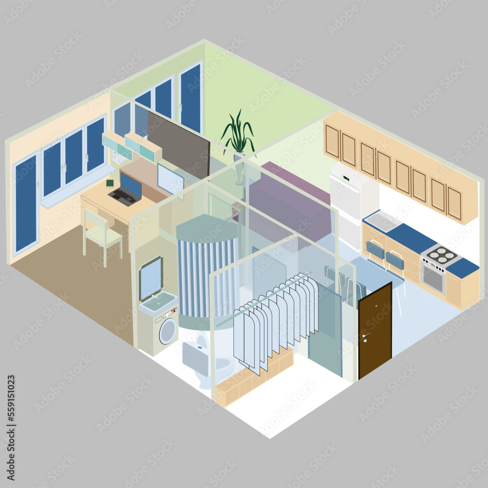 Vector isometric illustration, 3d concept of interior.