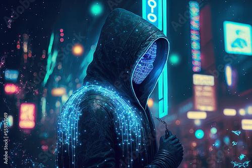 hacker in cyberpunk garb skulk under some blue Christmas lights. artwork created by a neural network. Generative AI