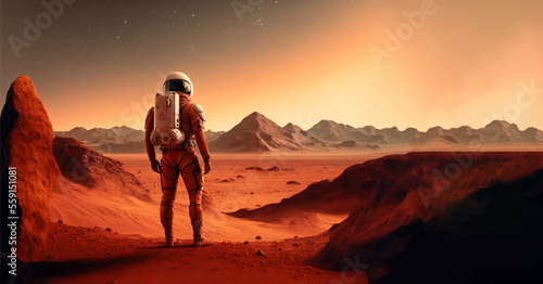 Astronaut on red planet mars. Colonization of Mars  generative ai