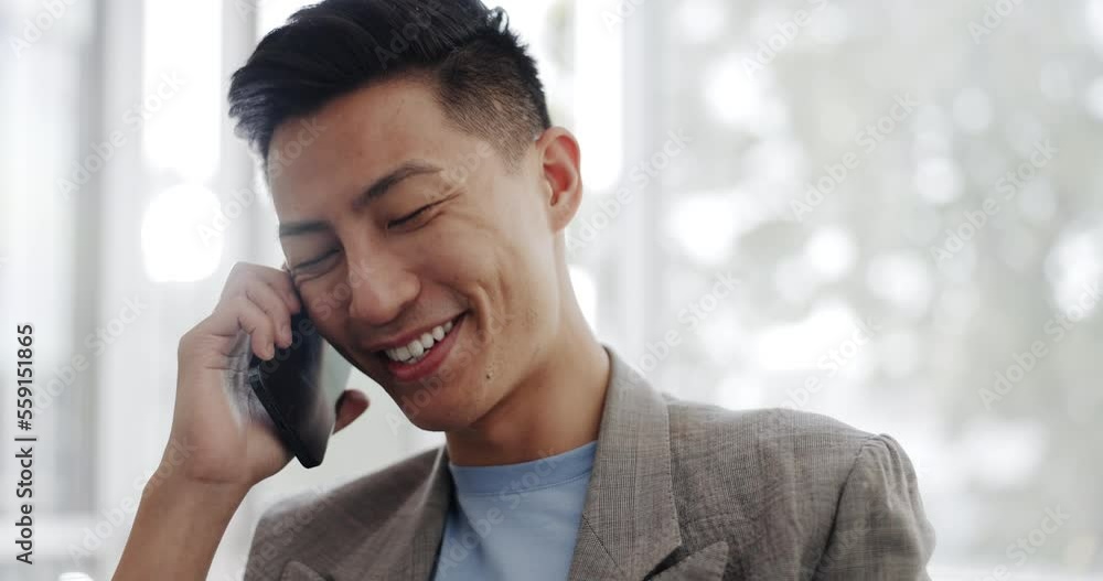 Phone call, communication and Asian business man talking, speaking and chat to mobile contact. Digital smartphone conversation, discussion and employee happy, laughing and networking in Japan office Phone call, communication and Asian business man talking, speaking and chat to mobile contact. Digital smartphone conversation, discussion and employee happy, laughing and networking in Japan office