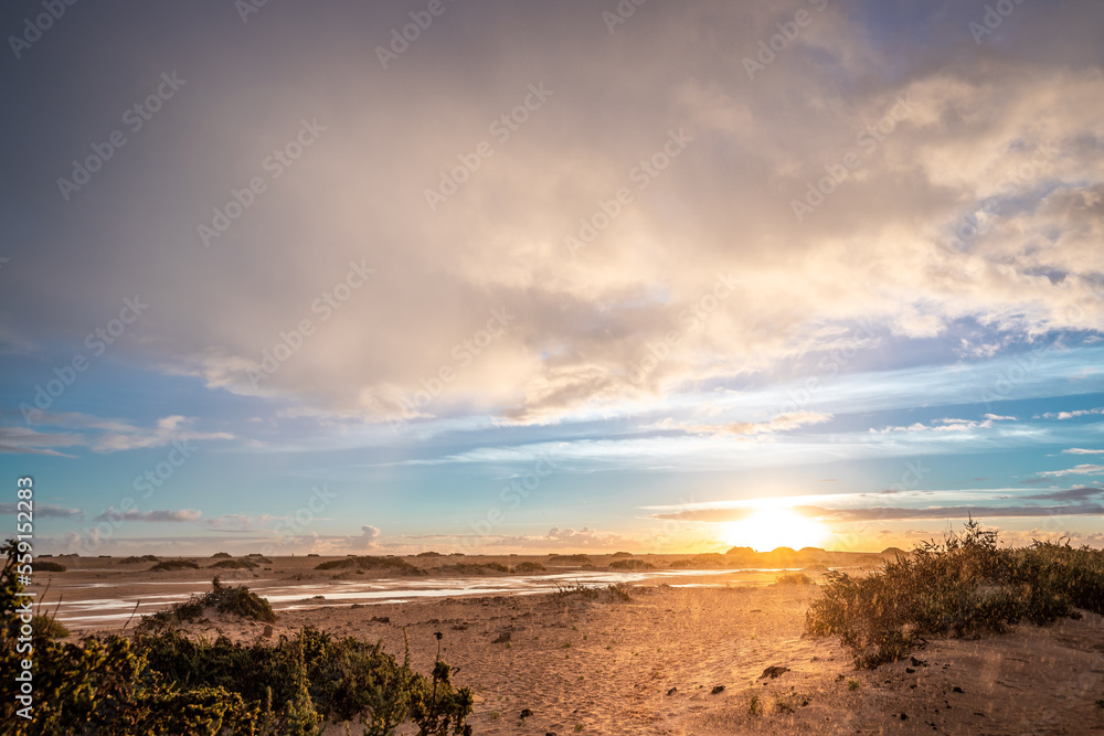 Sunrise in the dunes of Corralejo. Romantic sunrise over Corralejo National Park, Canary Islands, Spain