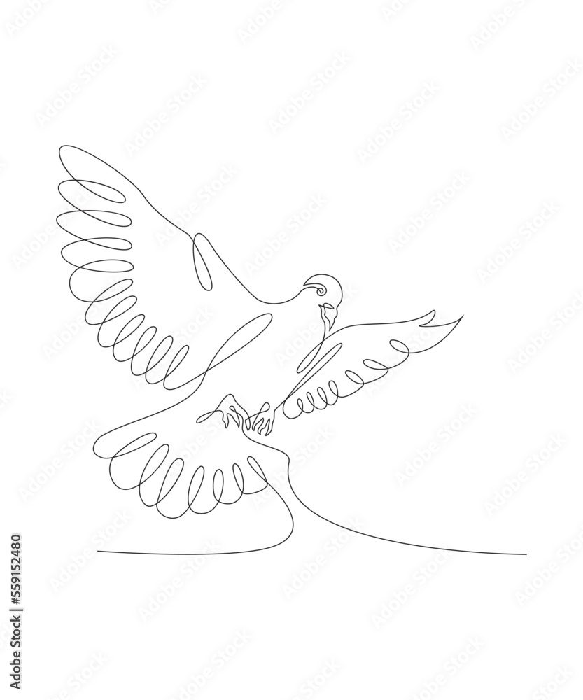 One line drawing of a dove in flight. Bird symbol of peace and freedom in simple terms. Doodle vector illustration. One line drawing of a dove in flight. Bird symbol of peace and freedom in simple terms. Doodle vector illustration.