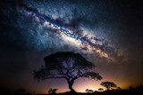 Milky Way galaxy with a silhouetted tree in the national park of Phu Hin rong kla. Generative AI