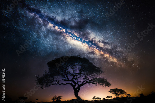 Milky Way galaxy with a silhouetted tree in the national park of Phu Hin rong kla. Generative AI