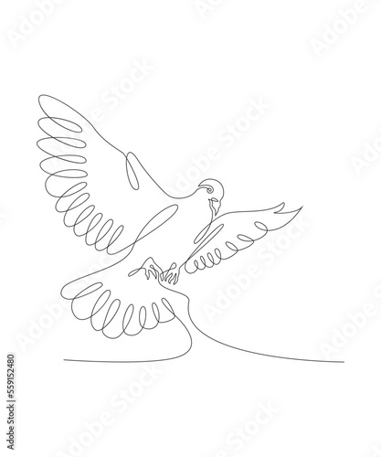 One line drawing of a dove in flight. Bird symbol of peace and freedom in simple terms. Doodle vector illustration.