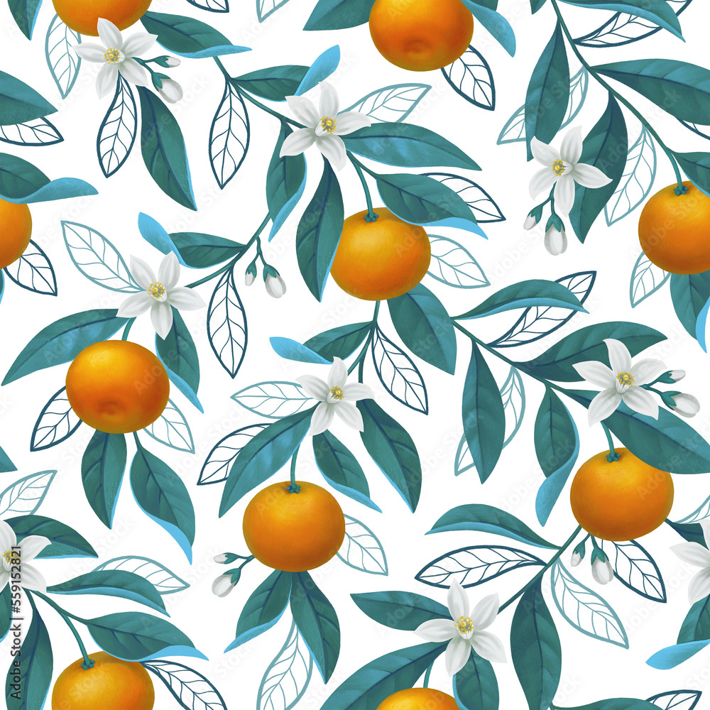 Hand painted illustration of orange tree branch. Seamless pattern design. Perfect for fabrics, wallpapers, clothes, home textile, posters, packaging design, stationery and other goods Hand painted illustration of orange tree branch. Seamless pattern design. Perfect for fabrics, wallpapers, clothes, home textile, posters, packaging design, stationery and other goods
