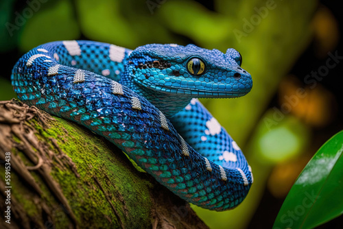 Blue insularis animal closeup on branch with blue viper snake preparing to strike. Generative AI