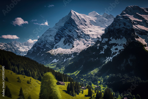 Switzerland's mountainous landscape with snow covered peaks and lush vegetation in the sunshine. Generative AI