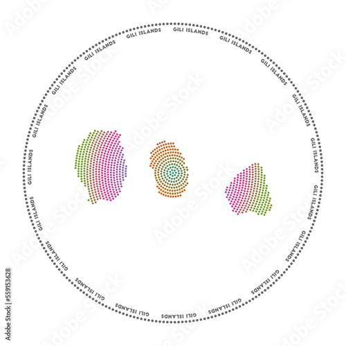 Gili Islands round logo. Digital style shape of Gili Islands in dotted circle with island name. Tech icon of the island with gradiented dots. Radiant vector illustration.
