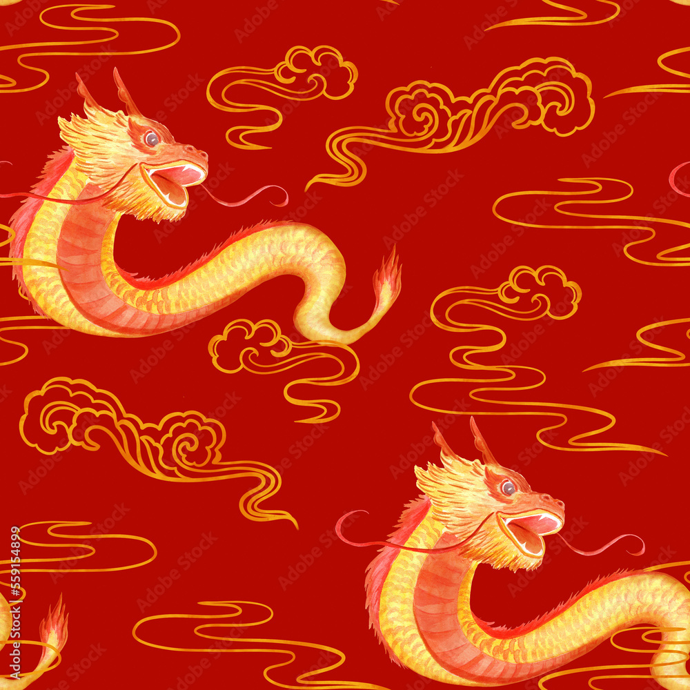 Obraz premium Chinese New Year seamless pattern. Lunar New Year symbol. For wallpaper, fabric, wrapping paper, cover. Traditional dragon festive.