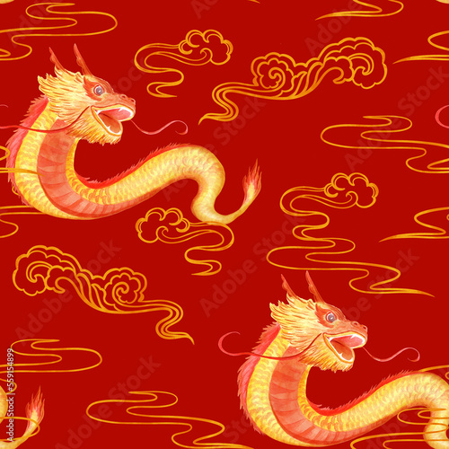Chinese New Year seamless pattern. Lunar New Year symbol. For wallpaper, fabric, wrapping paper, cover. Traditional dragon festive.