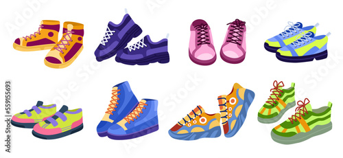 Man footwear. Sportswear or casual shoes. Sneakers with colorful soles. Women athletic collection. Hipster footgear. Fashion clothing. Sport female boots. Vector design nowaday icons set