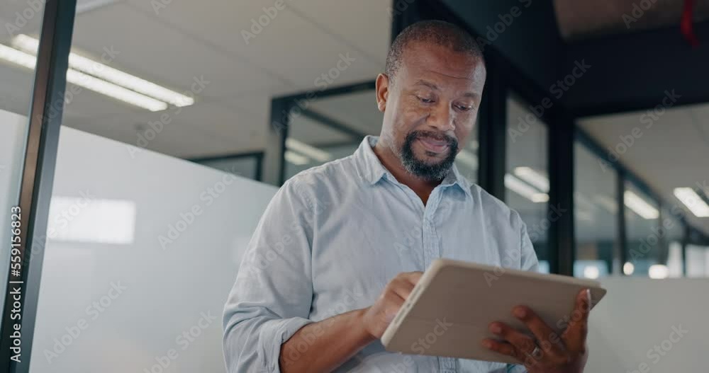 Website, planning and black man with a tablet typing communication, digital research and reading an email. Networking, plan and African worker with technology for internet conversation for business