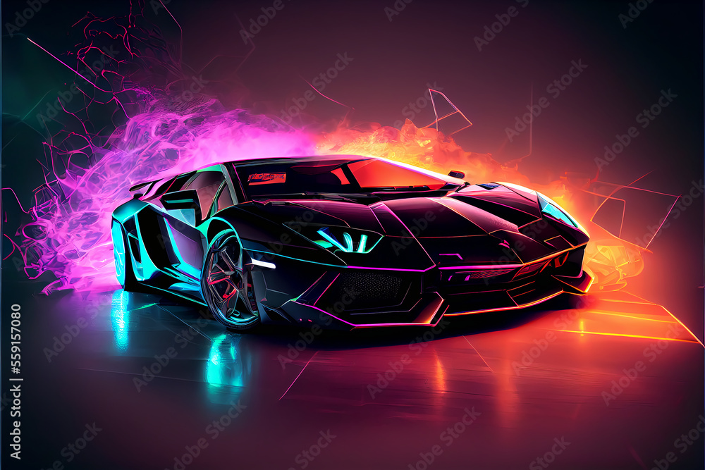Obraz Lamborghini Aventador neon dramatic light and unfocused fototapeta, plakat