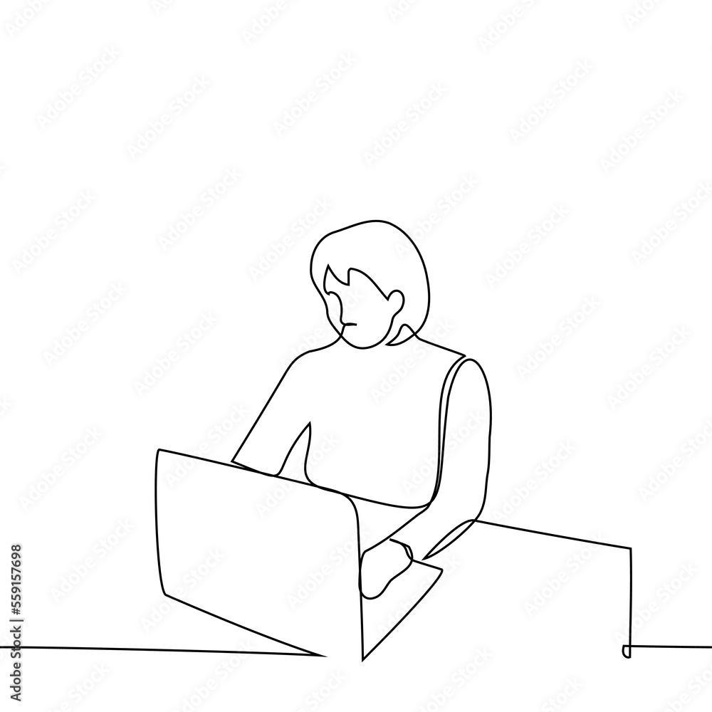 woman working on laptop - one line drawing vector. concept freelancer woman working on laptop - one line drawing vector. concept freelancer