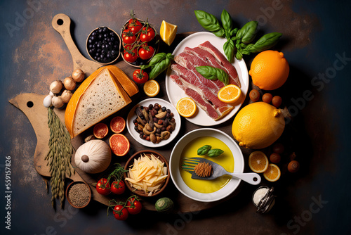 the Mediterranean diet balanced, healthy meal. Organic fruit, vegetable, fish, and meat eating that is either flexitarian or paleo. Generative AI photo