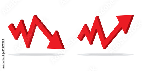 3d Up and Down sign with red arrows vector. Design vector illustration concept of sales bar chart symbol icon with arrow moving down and sales bar chart with arrow moving up.	