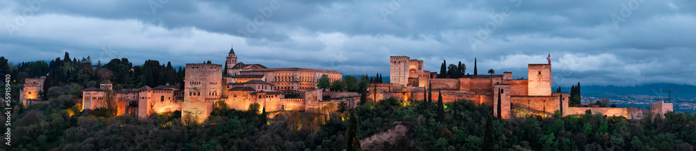 panorama of alhambra in grenada at sunset