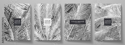 Tropical black and white cover design set. Floral background with line pattern of exotic leaf (palm, banana tree). Elegant vector collection for wedding invite, brochure template, restaurant menu