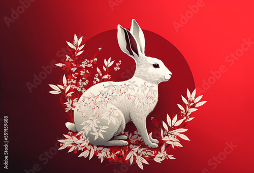 Chinese new year 2023 year of the rabbit traditional red and white illustration style. Generative ai