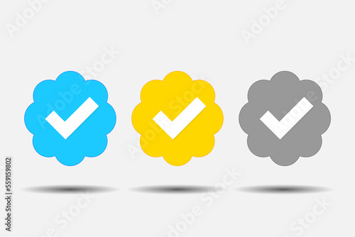 A set of multi-colored icons - checkmarks for checking a profile. Profile verification checkmark icons. Blue, gold and gray icon. Vector illustration