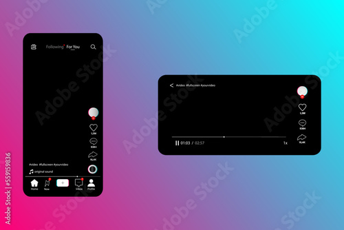 Social media interface concept. Phone screen UI mockup in vertical and horizontal view for full screen video. Vector illustration.