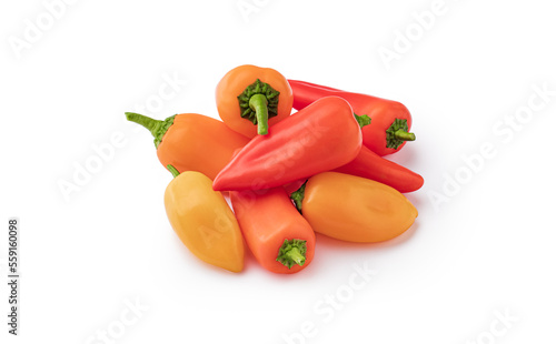 Orange, yellow and red bell peppers isolated on white background