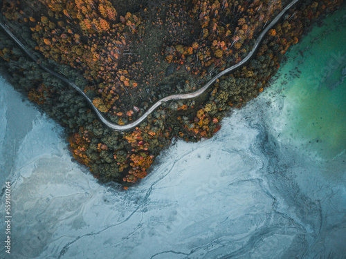 Ecological catastrophe, aerial view of a lake filled with chemical residuals from copper mine exploitation by drone. Geamana, Rosia Montana, Romania photo
