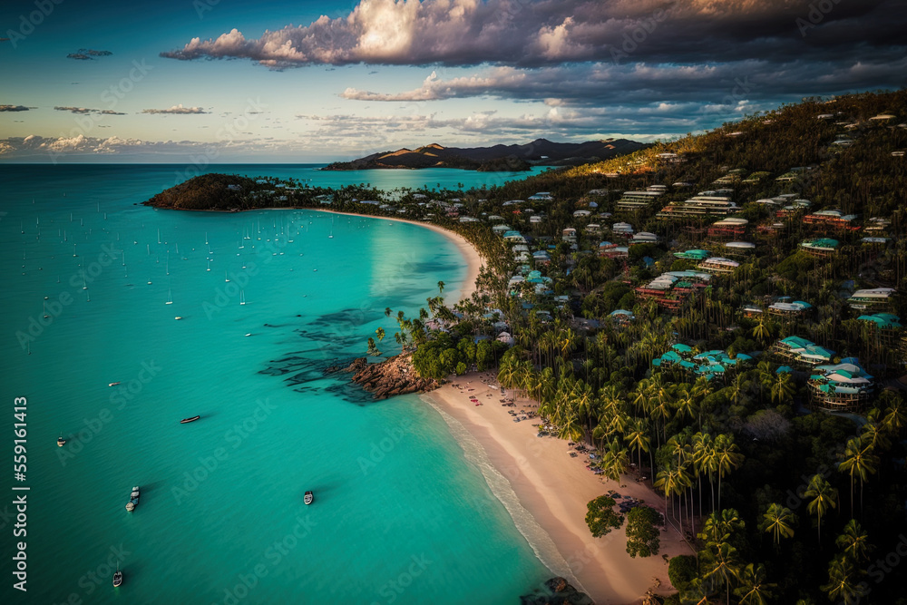 aerial picture of Queensland's Airlie Beach. Generative AI