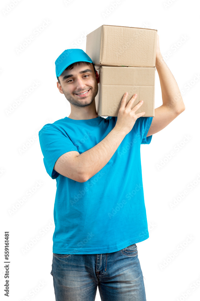 Delivery man with a box. Courier in uniform cap and t-shirt service fast delivering orders. Young guy holding a cardboard package. Character on isolated white background for mockup design Delivery man with a box. Courier in uniform cap and t-shirt service fast delivering orders. Young guy holding a cardboard package. Character on isolated white background for mockup design