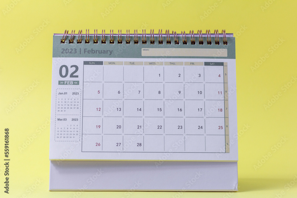 February 2023.Desktop calendar on the desktop for planning and management. February 2023.Desktop calendar on the desktop for planning and management.